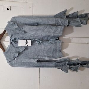 NWT ZARA ALPACA AND WOOL BLEND BOW RUFFLED COLAR CARDIGAN Size M Pastel Blue